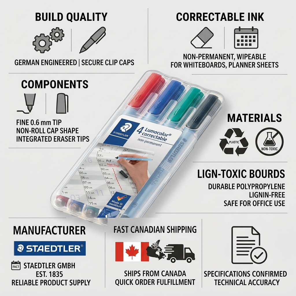 Trust and authority infographic for STAEDTLER 305F-WP4-102 set with German build, multi-use, fine tips, materials, Canadian shipping.