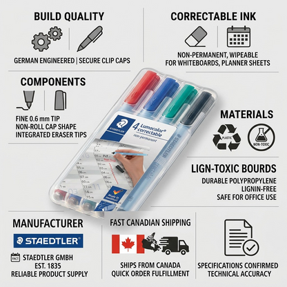 Trust and authority infographic for STAEDTLER 305F-WP4-102 set with German build, multi-use, fine tips, materials, Canadian shipping.
