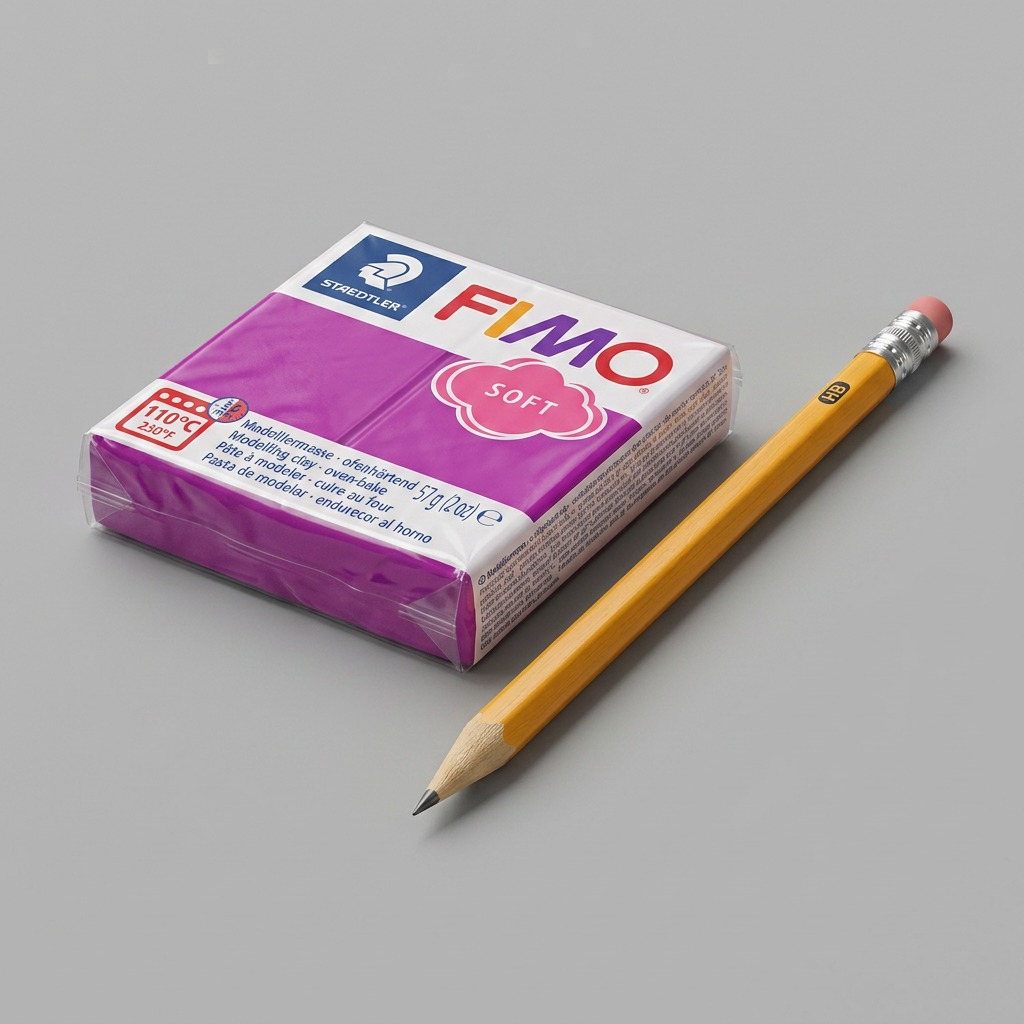 An image showing a STAEDTLER Fimo Soft Purpure 57g (2 oz) block beside a standard pencil for scale.