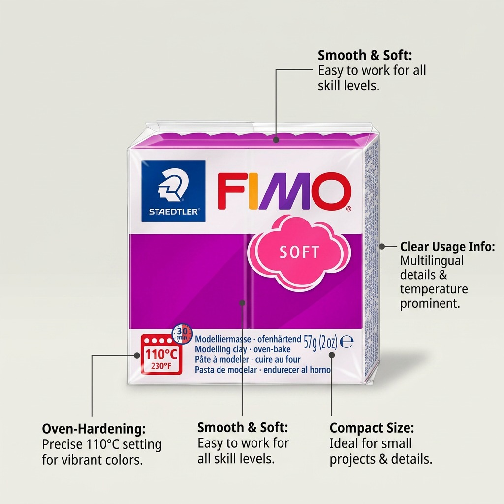A product feature visual for STAEDTLER Fimo Soft Purpure, highlighting its characteristics with labels.
