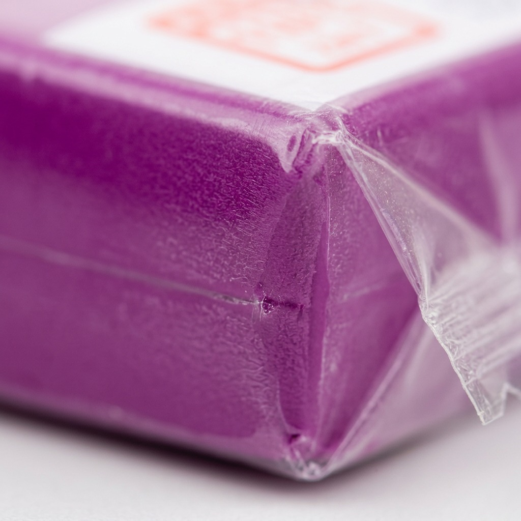An extreme close-up of the textured, rich purpure-colored Fimo Soft clay through its transparent wrap, with soft lighting and a shallow depth of field.