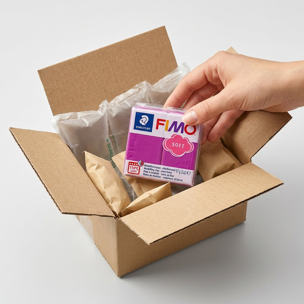 Unboxing confidence for Fimo Soft Purpure 57g, showing internal padding.