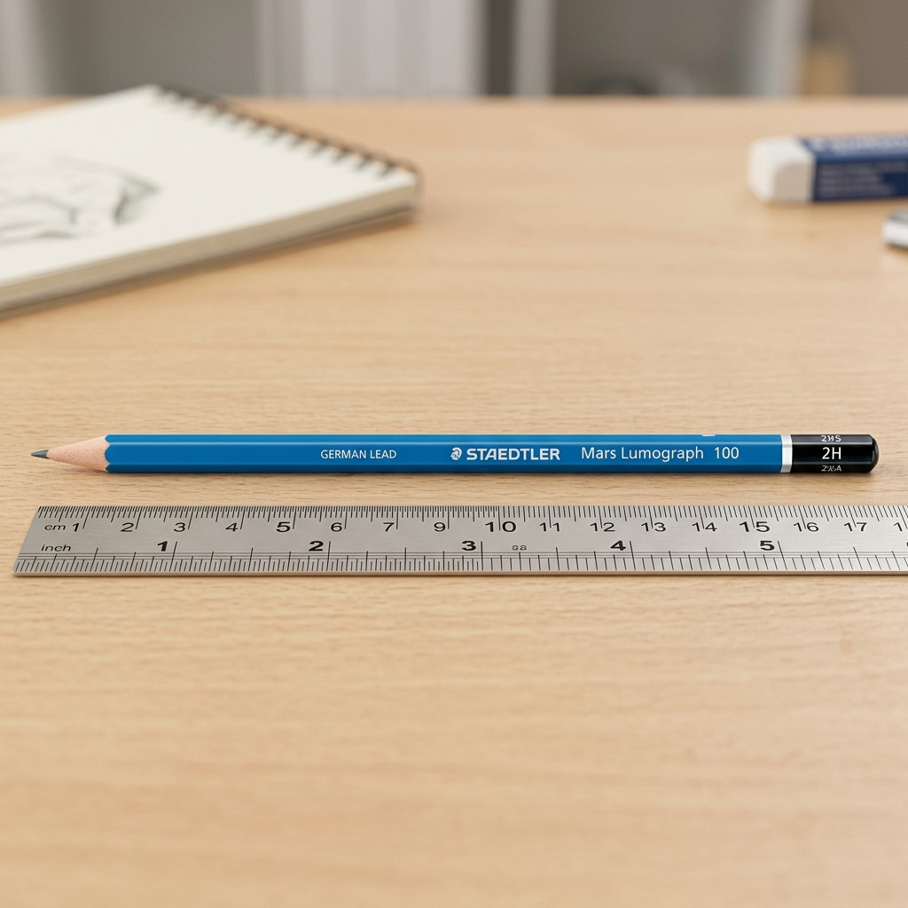 A photograph of a STAEDTLER Mars Lumograph 2H pencil from image_0.png placed parallel to and slightly above a standard stainless steel 150mm (6-inch) ruler, emphasizing its standard length on a neutral textured wood grain desk surface. Natural, soft daylight from a window. The ruler's markings are sharp. The scene includes out-of-focus background elements like a paper notebook, further reinforcing a realistic workspace scale.