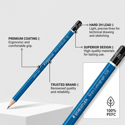 Product graphic showcasing the core technical features and benefits of the STAEDTLER Mars Lumograph 2H pencil.