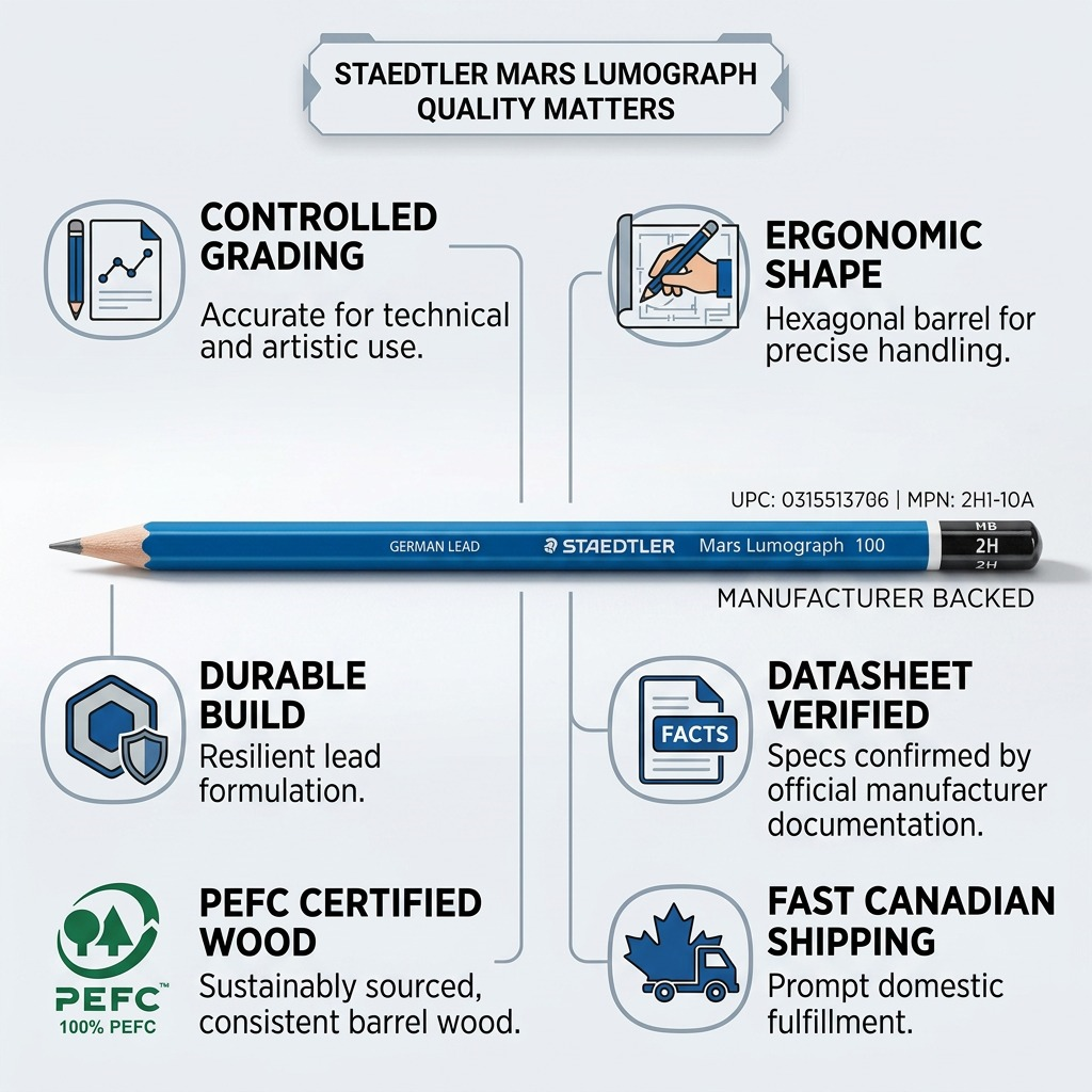 An infographic visual matrix builds confidence for the Staedtler 2H pencil with verified product specs, certified materials, and fast Canadian shipping.