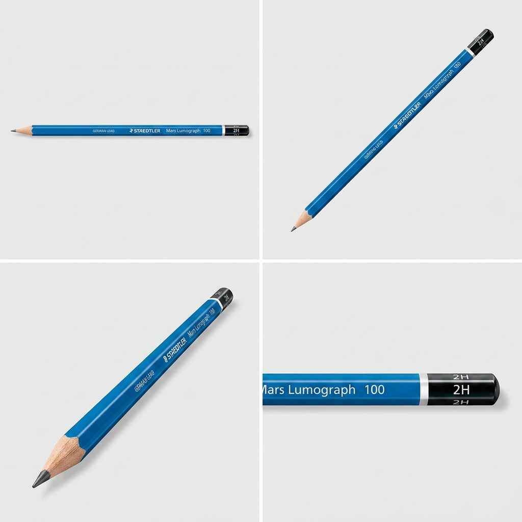 ~A 2x2 grid view of the STAEDTLER Mars Lumograph 2H pencil shown from four different angles.
