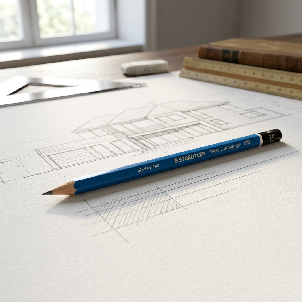 A photograph of a STAEDTLER Mars Lumograph 2H pencil lying across an architectural drawing with tools in the background.