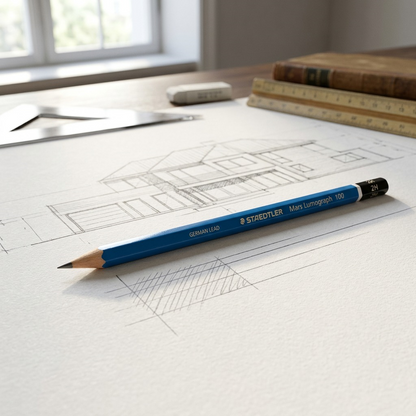A photograph of a STAEDTLER Mars Lumograph 2H pencil lying across an architectural drawing with tools in the background.