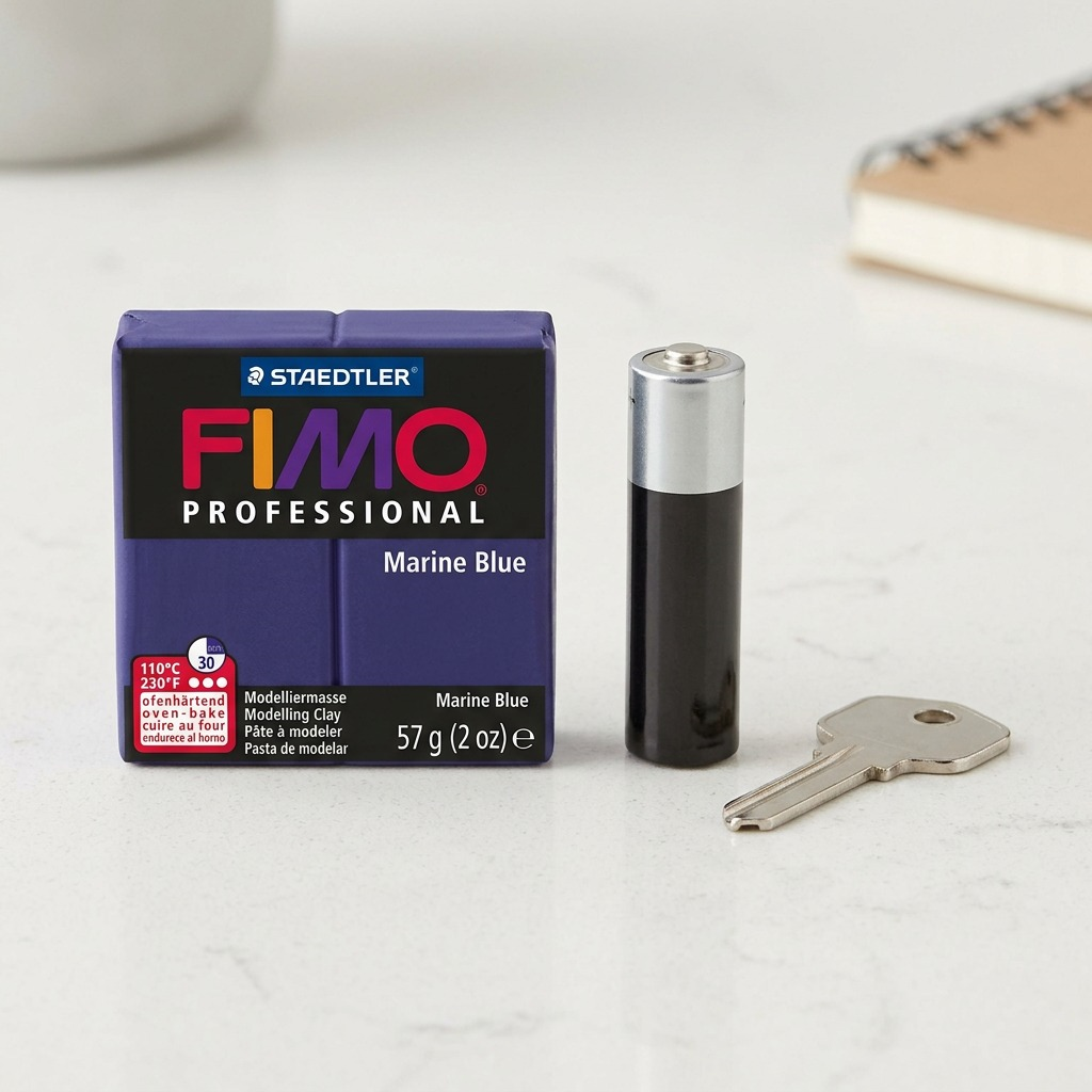 A close-up shot of the FIMO clay bar beside a standard AAA battery for visual scale.