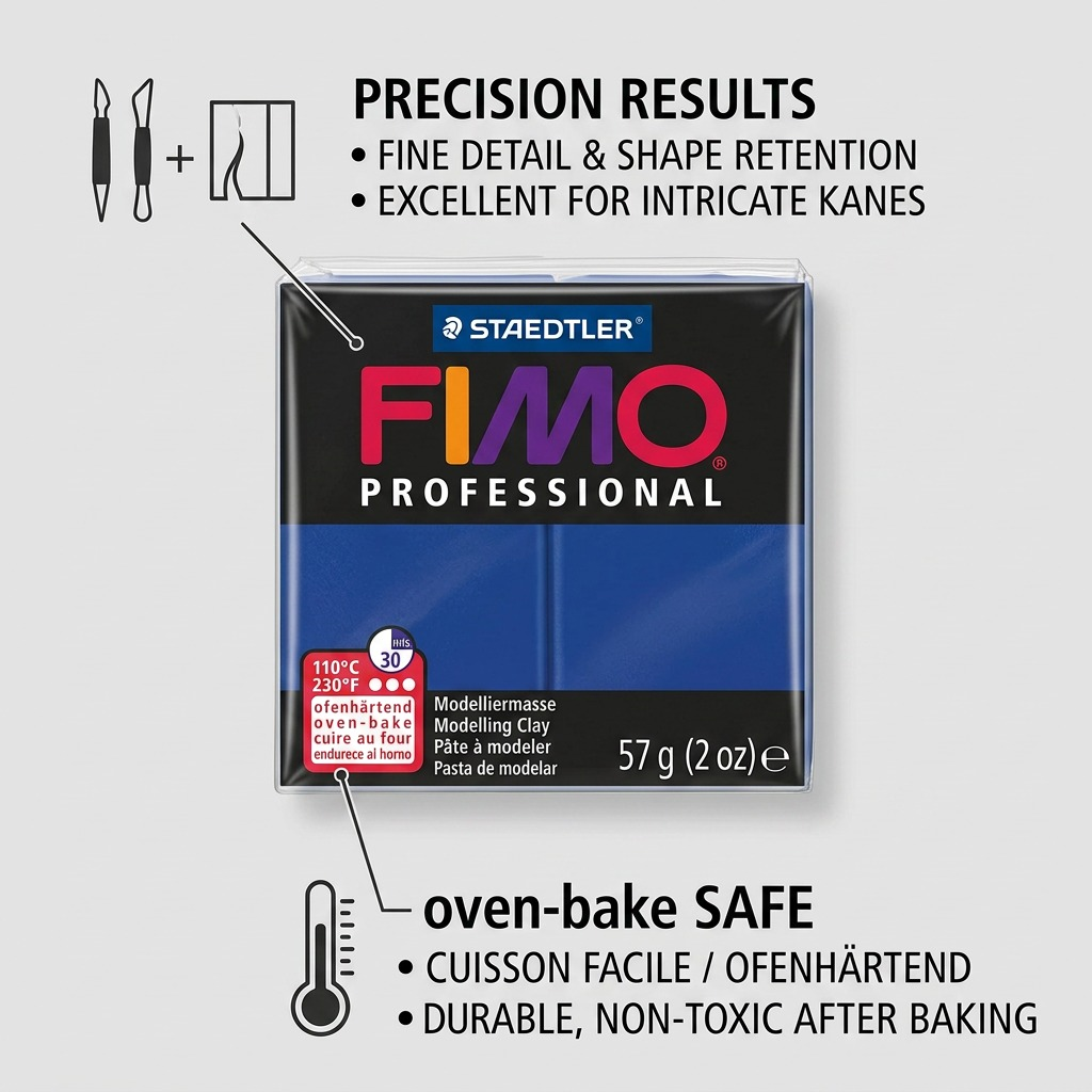 FIMO Professional Marine Blue block showing two main features: Precision Results and Safe Baking.