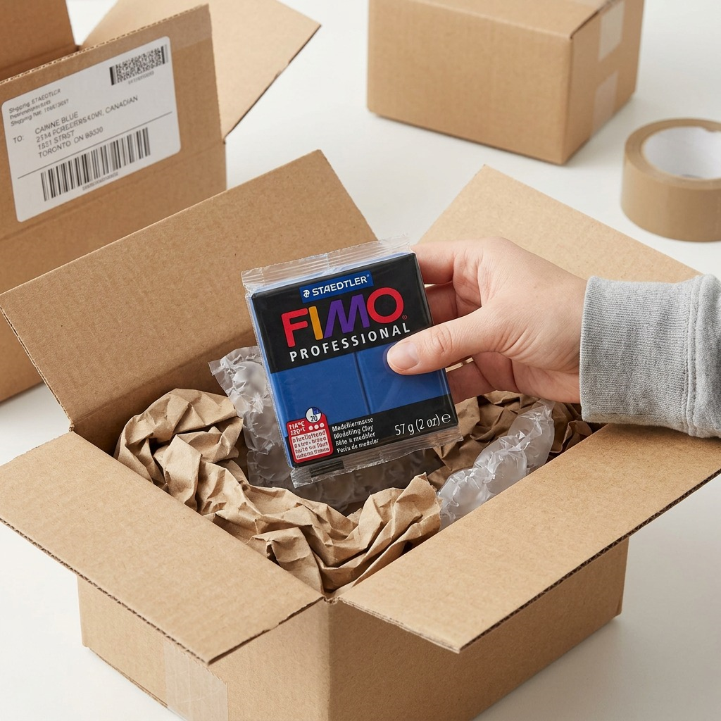 Scene of STAEDTLER FIMO Professional Marine Blue clay arriving in a secure, well-packed shipping box.