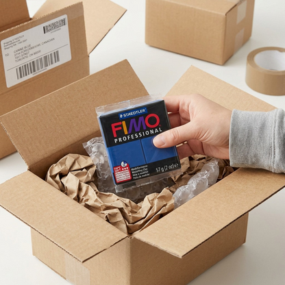 Scene of STAEDTLER FIMO Professional Marine Blue clay arriving in a secure, well-packed shipping box.