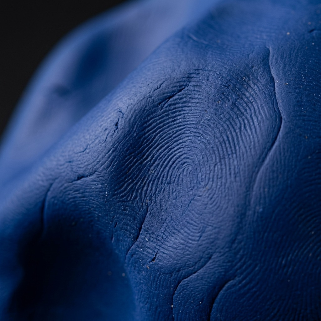 A macro photo of the deep marine blue plasticine clay, showing the texture of user-sculpted fingerprints. Small surface details like dust and minor striations are visible, suggesting the hand-sculpted quality.