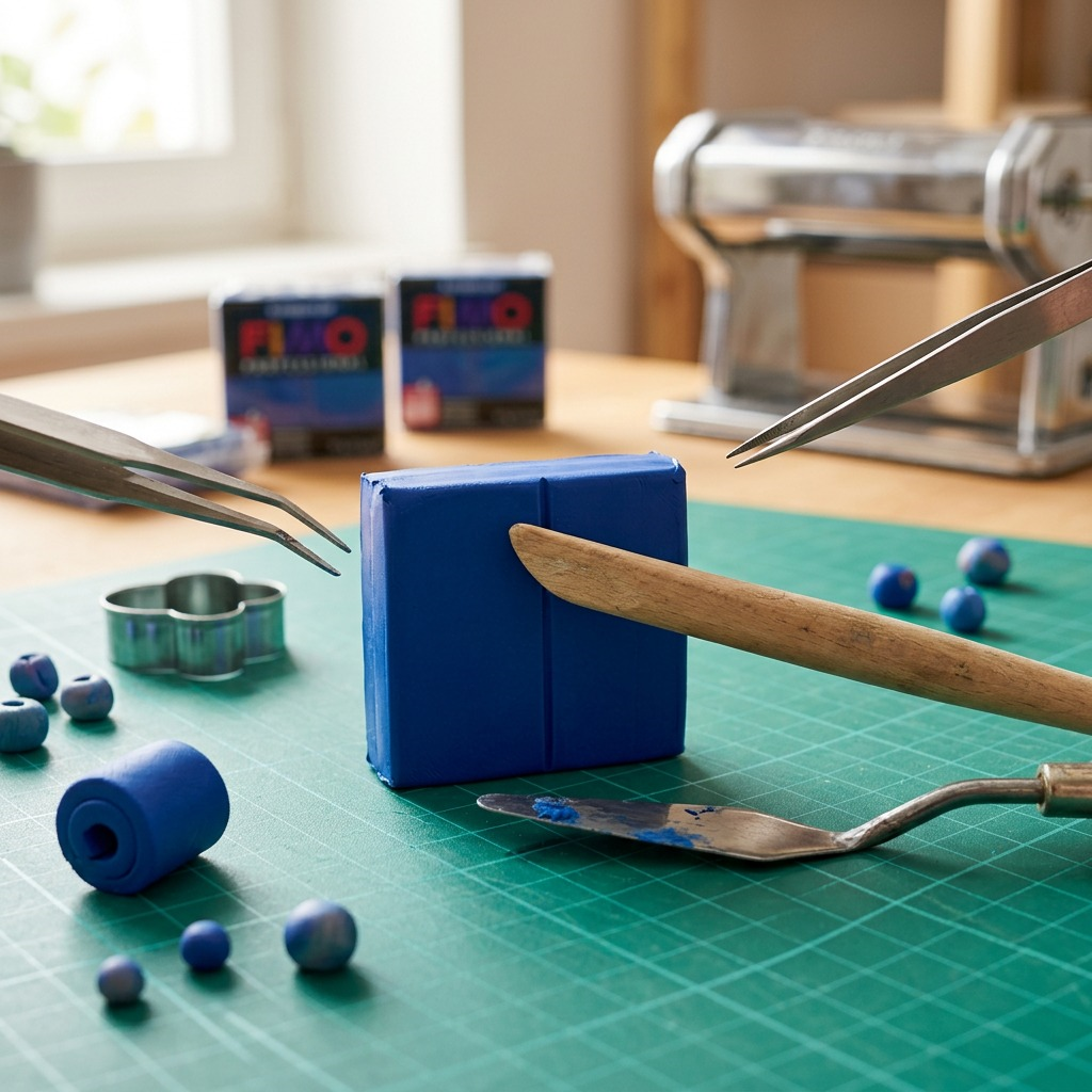 Lifestyle shot of Fimo Professional Marine Blue clay being unrapped and worked on a crafting mat with tools.
