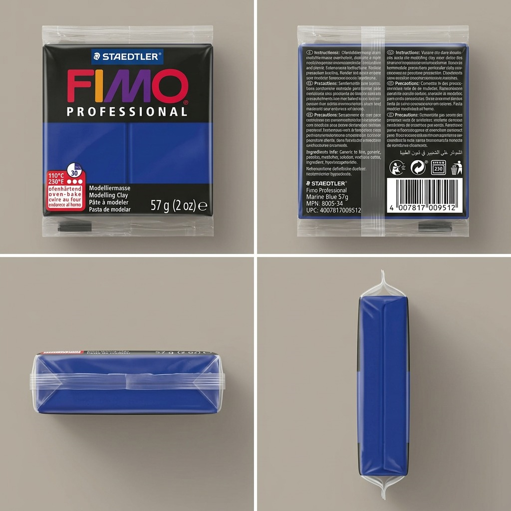 A 2x2 grid showing the STAEDTLER Fimo Professional (Marine Blue, 57g) block from front, back, top, and side angles.