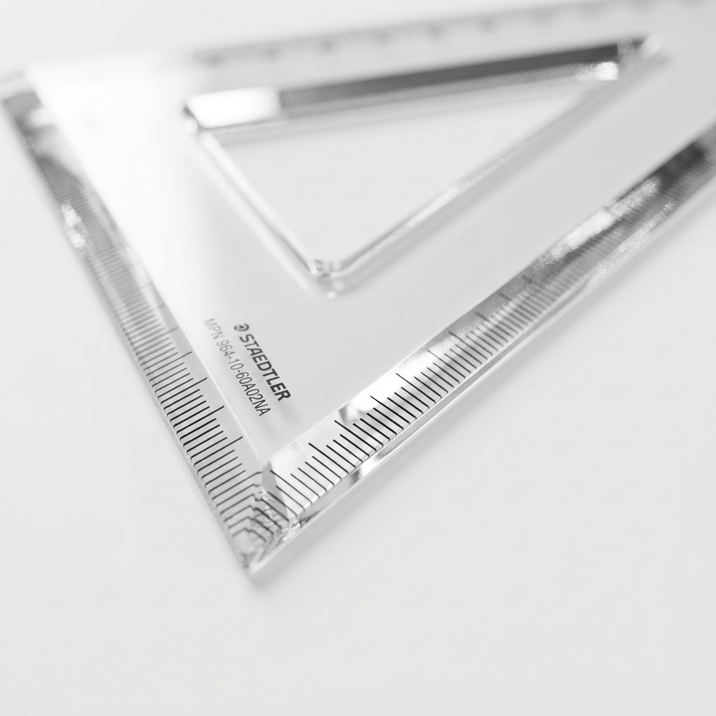 Macro photograph of the clear acrylic set square edge, showing beveled geometry and clean cut.