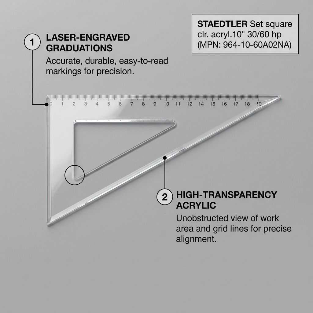 STAEDTLER visual matrix feature callout for 10-inch transparent acrylic set square, highlighting key benefits.