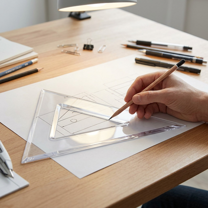 A hand holding a pencil traces along a STAEDTLER set square on a technical drawing surface.