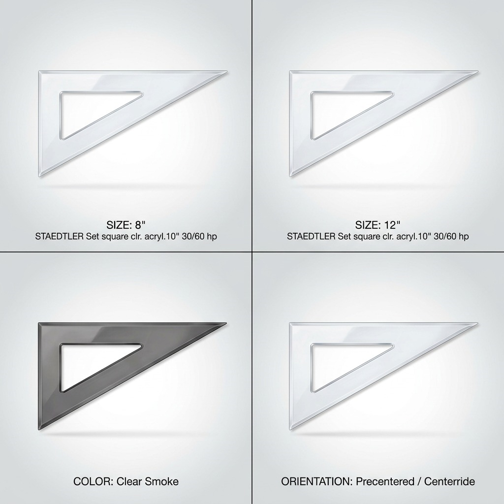 Four-panel product matrix showing STAEDTLER set squares: different sizes, a clear smoke color, and precentered orientation.