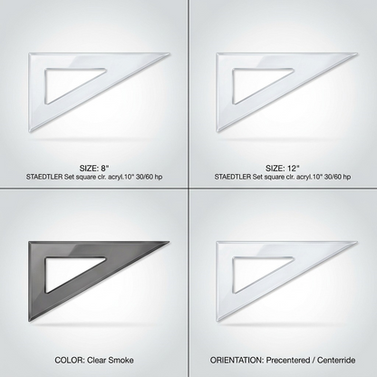 Four-panel product matrix showing STAEDTLER set squares: different sizes, a clear smoke color, and precentered orientation.