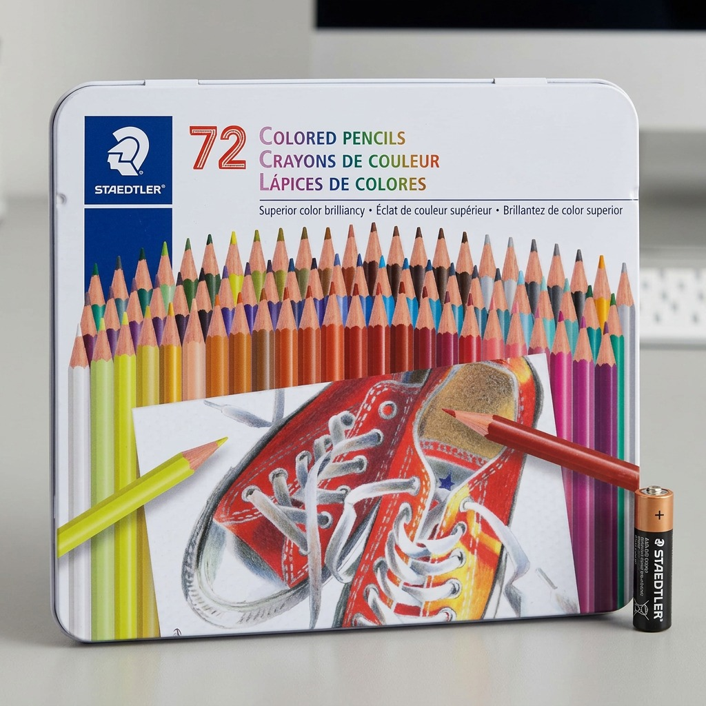 A photograph showing the STAEDTLER colored pencil set next to a standard AA battery for scale.