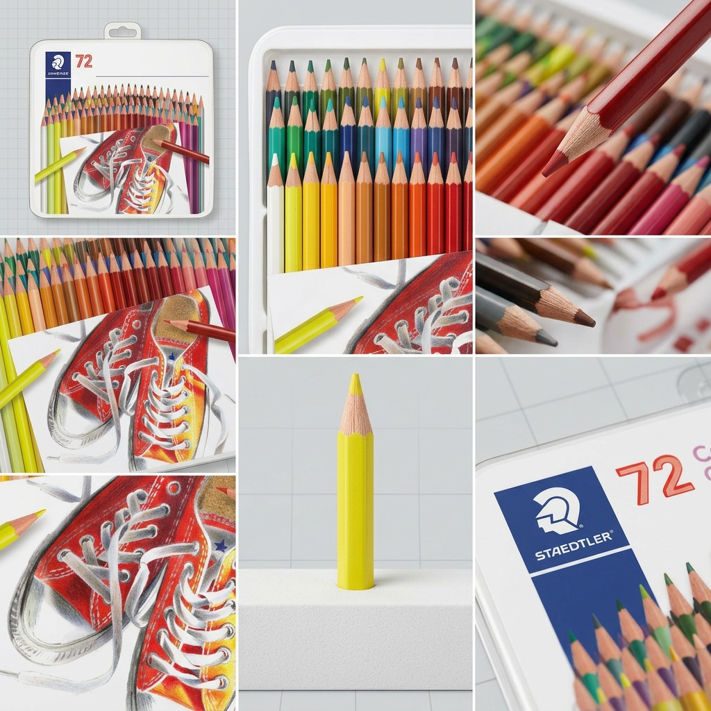 A five-angle-and-close-up view of the Staedtler 72 Colored Pencil set (MPN: 175-M72A6), as shown in image_0.png, arranged on a premium grey grid. Focus is on product details: packaging front, top hook, pencil assortment, pencil tips, and the specific drawing on the card in different orientations.
