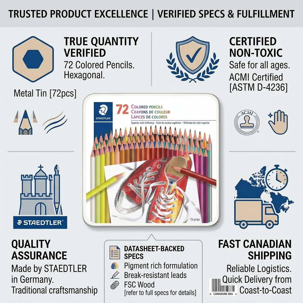 A factual trust and authority infographic for STAEDTLER 72 Colored Pencils with clean icons and product features.