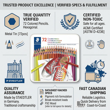 A factual trust and authority infographic for STAEDTLER 72 Colored Pencils with clean icons and product features.