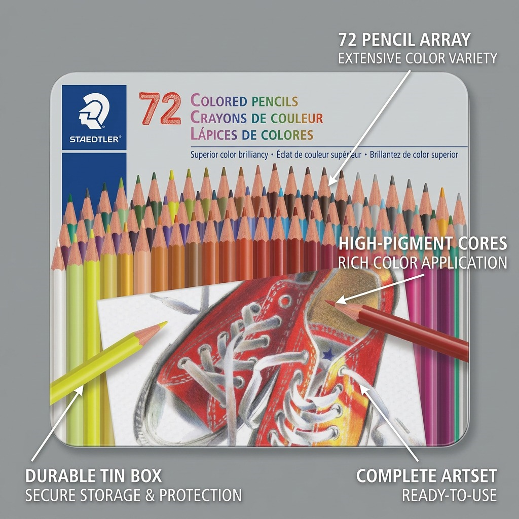 Feature graphic of STAEDTLER set: pointing to pencils, "72 Pencils", and sneakers artwork, "High Pigment".