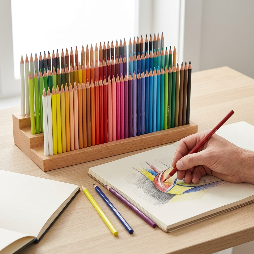 Hand drawing with a red STAEDTLER pencil alongside a full 72-color set, as the artist creates a detailed piece.