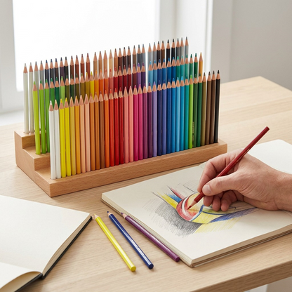 Hand drawing with a red STAEDTLER pencil alongside a full 72-color set, as the artist creates a detailed piece.