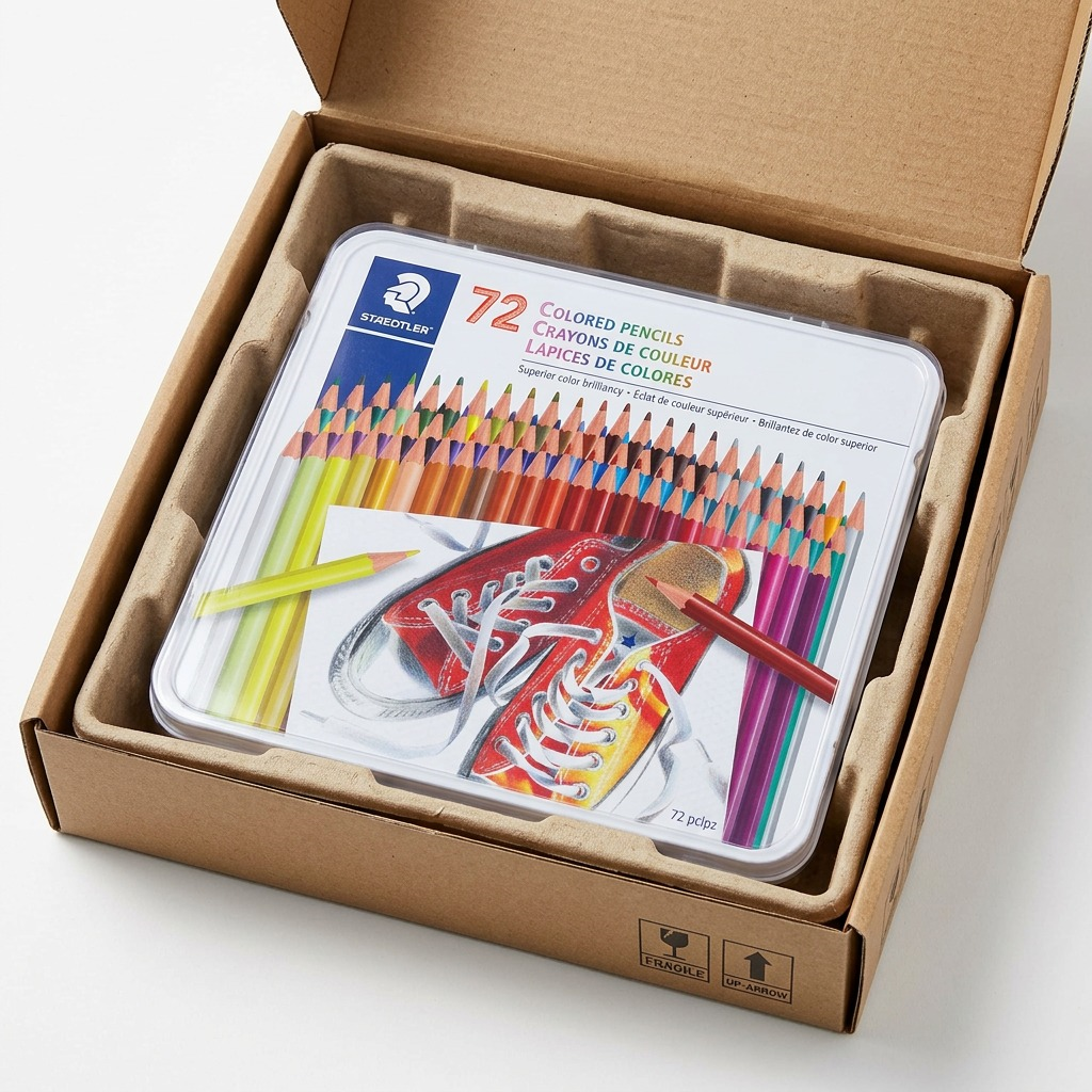 Unboxing the STAEDTLER colored pencil set with protective molded pulp and shipping box.