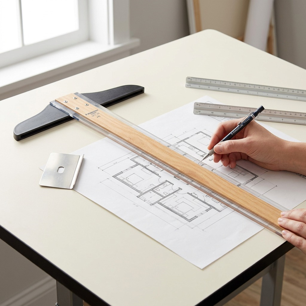 A close-up shot of the T-Square's black fixed head and wooden blade being used for precision drawing on an architect's desk.