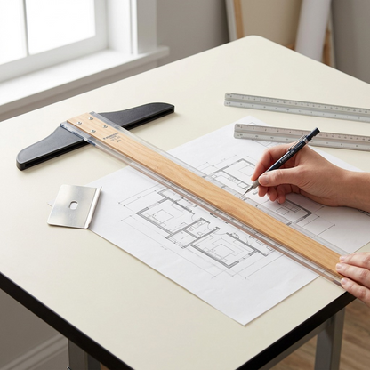 A close-up shot of the T-Square's black fixed head and wooden blade being used for precision drawing on an architect's desk.
