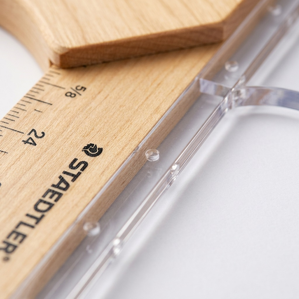 Macro photo of a wood T-square with transparent edges, showing clear measurements and rivets.