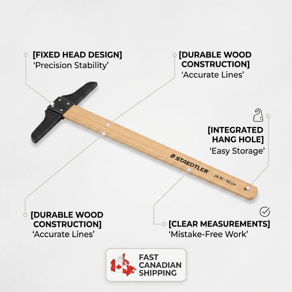 An ecommerce graphic for the STAEDTLER T-square featuring feature callouts like 'Precision Stability', 'Accurate Lines', and 'Easy Storage' with pointed lines.
