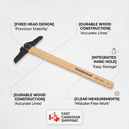 An ecommerce graphic for the STAEDTLER T-square featuring feature callouts like 'Precision Stability', 'Accurate Lines', and 'Easy Storage' with pointed lines.