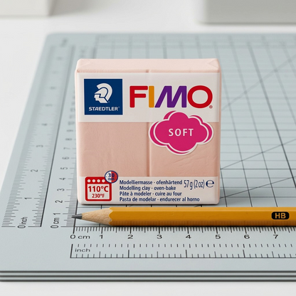 A size comparison shot shows a single Fimo Soft Pale Pink block beside an HB pencil on a craft mat.