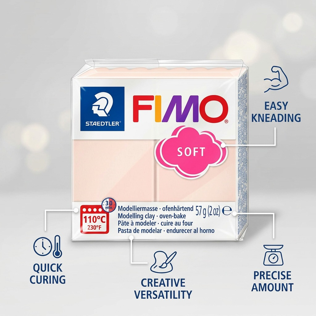 Feature callout image for STAEDTLER Fimo Soft pale pink clay, highlighting benefits like easy kneading, quick baking, and versatile use.