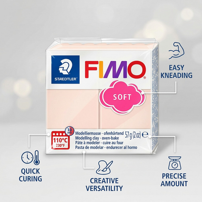 Feature callout image for STAEDTLER Fimo Soft pale pink clay, highlighting benefits like easy kneading, quick baking, and versatile use.