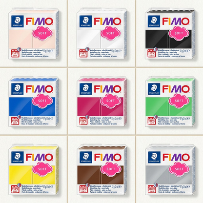 A 3x3 grid showing nine authentic blocks of STAEDTLER Fimo Soft modelling clay, each in a distinct, verified color, accurately presented from a 3/4 perspective in a premium, clean layout.
