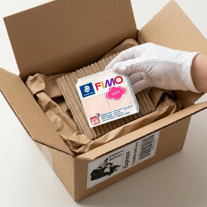 An unboxing scene shows a pristine STAEDTLER Fimo Soft Pale Pink clay block and parts of protective shipping materials.