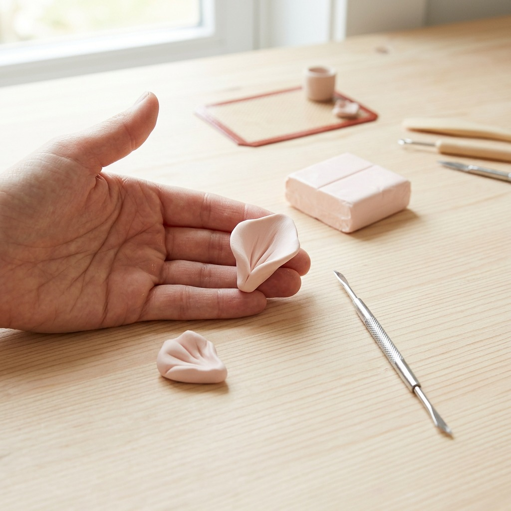 Direct focus shot of a person's hands shaping and smoothing the STAEDTLER Fimo Soft Pale Pink modeling clay on a clean wooden table.