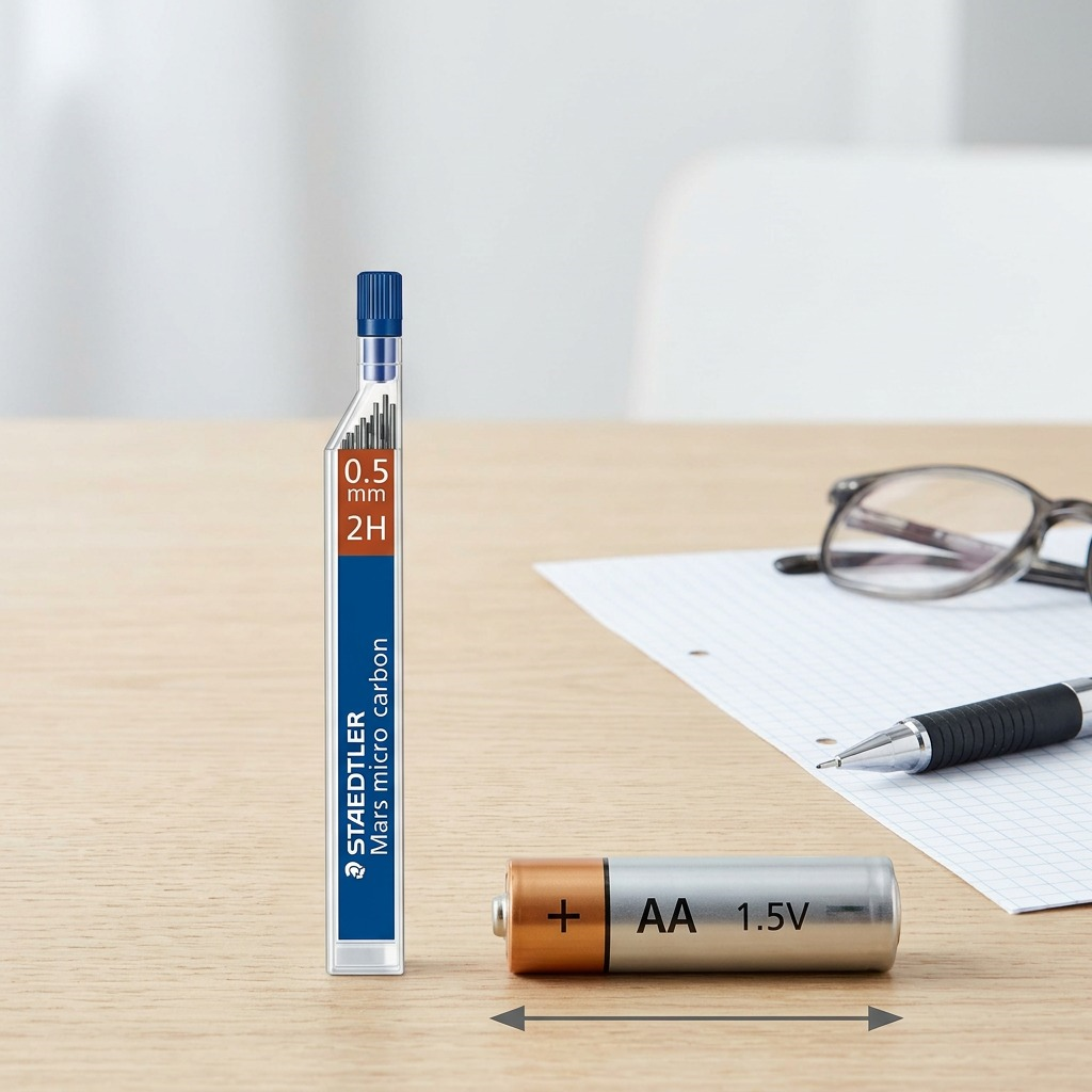 A scale-reference shot showing four Staedtler lead tubes next to a standard AA battery.