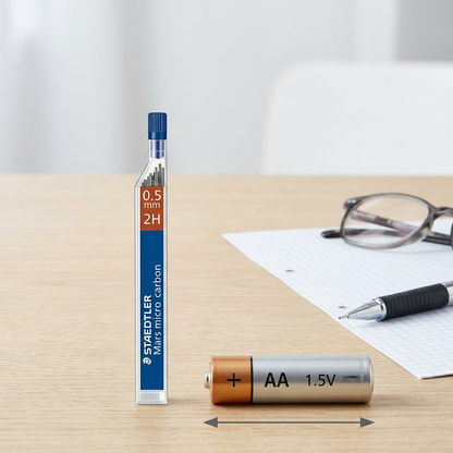 A scale-reference shot showing four Staedtler lead tubes next to a standard AA battery.