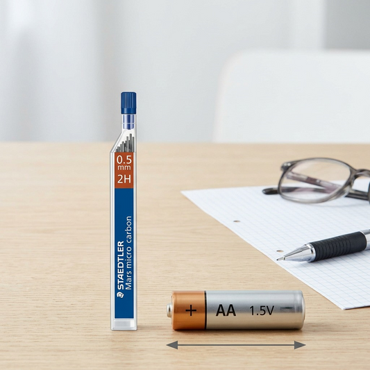 A scale-reference shot showing four Staedtler lead tubes next to a standard AA battery.