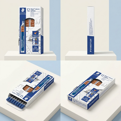 A clean grid showing four angles of the Staedtler Mars 0.5 2H lead tube pack: front, side, angled, and top.
