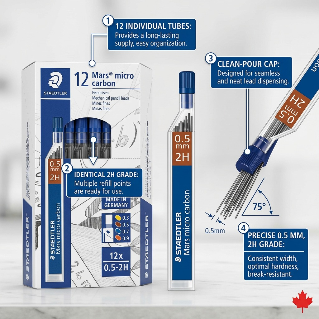 An operational features chart illustrating the clean-pour spout and multi-pack lead tubes from Staedtler for 0.5mm 2H leads.