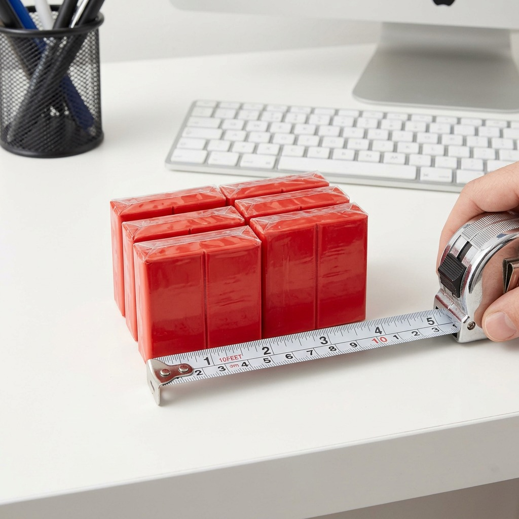 A close-up photograph comparing the Fimo blocks to a standard metal measuring tape, showing the Fimo width (about 5 cm) at the 2-inch mark.