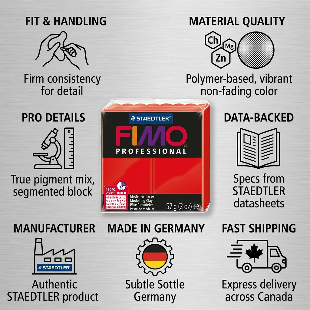 Fimo Professional True Red features a visual trust matrix infographic detailing consistency, pigment, polymer material data, manufacturer details, and express Canadian delivery.